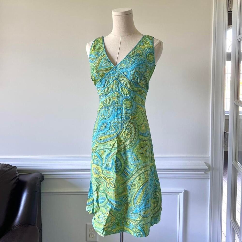 Vintage Liz Clairborne 100% silk green blue paisley dress ruched V-neckline US 6
